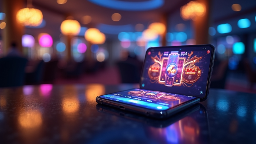 Telefon z ekranem pobierania aplikacji Slots Palace w klimacie kasyna