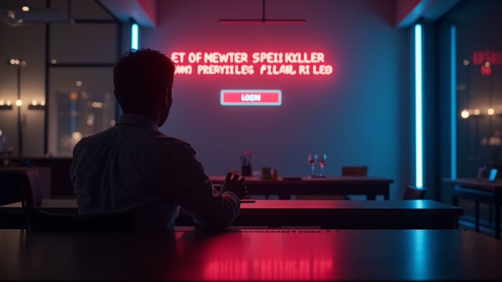 Ekran logowania z błędem i ciemne, nastrojowe wnętrze kasyna