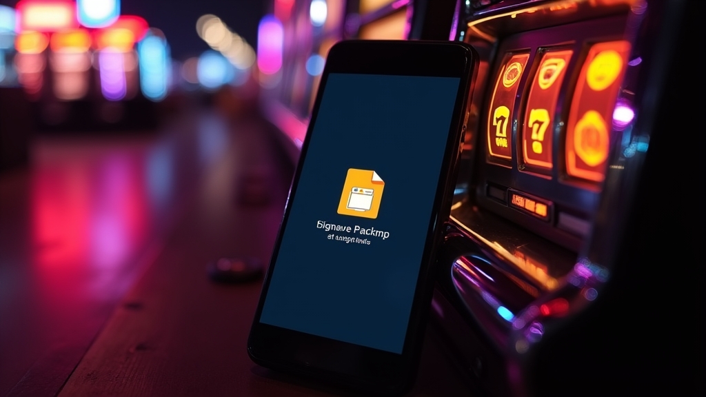 Telefon z plikiem APK Slots Palace obok neonowego automatu w kasynie
